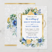 Invitation Fleurs d'été bleu et jaune Mariage d'huile d'or (Devant / Derrière)