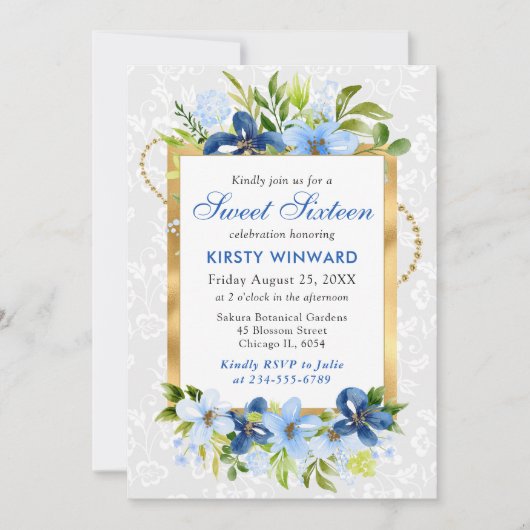 Invitation Fleurs d'été bleu et marine Gold Foil Sweet 16 (Devant)