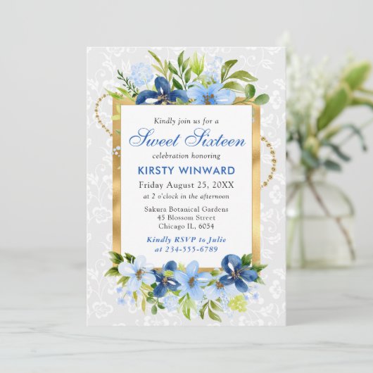 Invitation Fleurs d'été bleu et marine Gold Foil Sweet 16 (Debout devant)