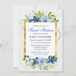 Invitation Fleurs d'été bleu et marine Gold Foil Sweet 16