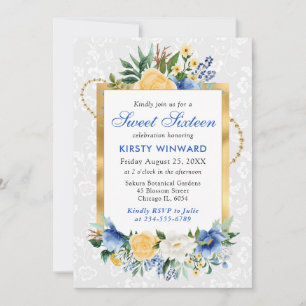Invitation Fleurs d'été bleues et jaunes Gold Foil Sweet 16