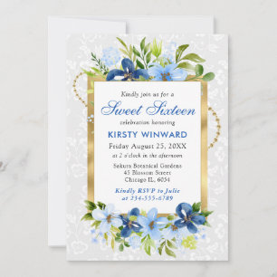 Invitation Fleurs d'été bleues et marine Sweet 16 feuille d'o