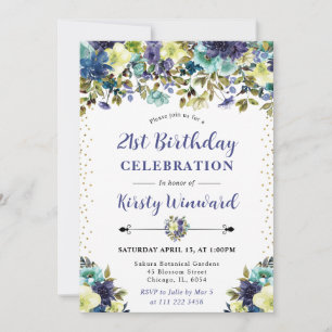 Invitation Fleurs d'été bleues et navy pour 21e anniversaire