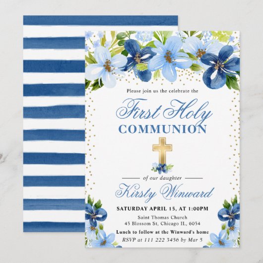 Invitation Fleurs d'été bleues Première communion sainte (Devant / Derrière)