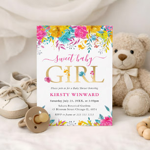 Invitation Fleurs d'été bleues, roses et jaunes : Baby Shower