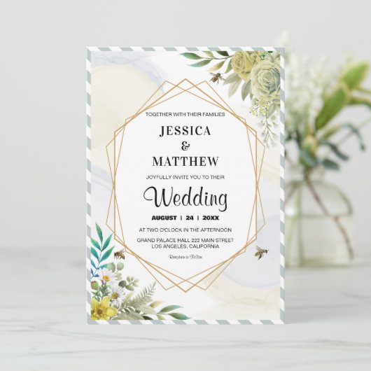 Invitation Fleurs d'été Cadre Doré Mariage (Debout devant)