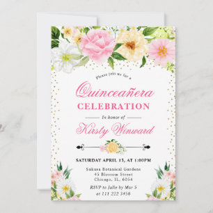 Invitation Fleurs d'été jaunes et roses Photo Quinceanera