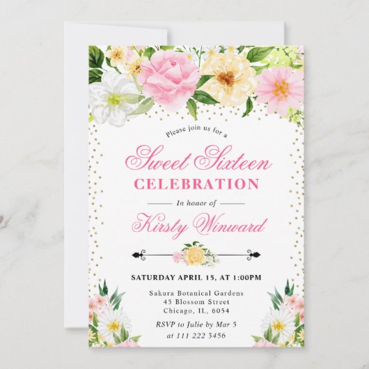 Invitation Fleurs d'été jaunes et roses Photo Sweet 16 (Devant)