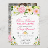 Invitation Fleurs d'été jaunes et roses Photo Sweet 16 (Devant / Derrière)