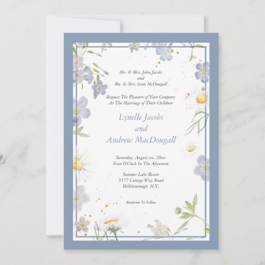 Invitation Fleurs d'été Mariage bleu avec RSVP (Devant)