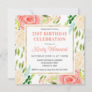Invitation Fleurs d'été rose et menthe aquarelle pour anniver