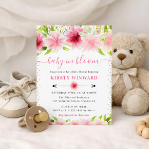 Invitation Fleurs d'été roses à l'aquarelle Baby Shower