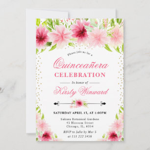 Invitation Fleurs d'été roses à l'aquarelle Photo Quinceanera
