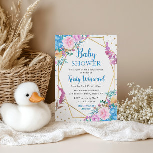 Invitation Fleurs d'été roses et bleues Cadre Baby Shower