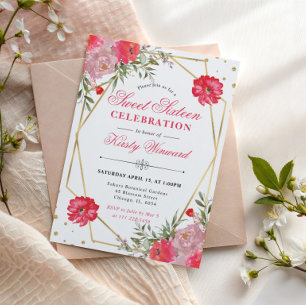 Invitation Fleurs d'été roses et blush Cadre doré Sweet 16