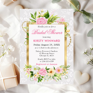 Invitation Fleurs d'été roses et jaunes Mariage doré Shower