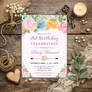 Invitation Fleurs d'été roses et jaunes pour un anniversaire