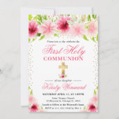 Invitation Fleurs d'été roses Première Communion sainte (Devant)