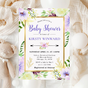 Invitation Fleurs d'été violettes à l'aquarelle Baby Shower