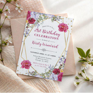 Invitation Fleurs d'été violettes et rouges Cadre doré Annive