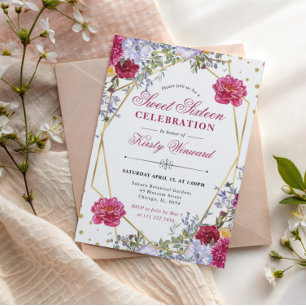 Invitation Fleurs d'été violettes et rouges Cadre doré Sweet