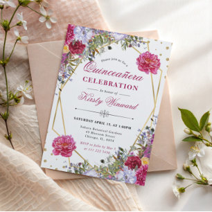 Invitation Fleurs d'été violettes et rouges Quinceanera