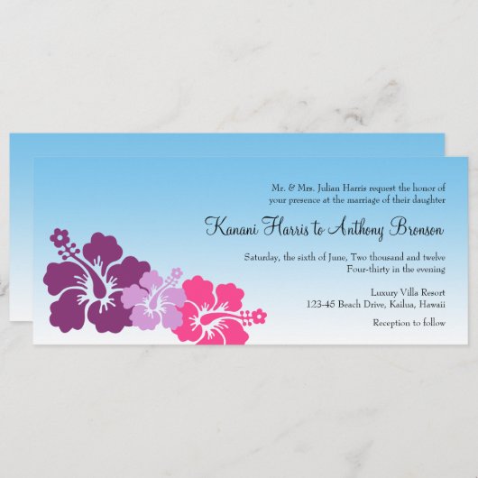 Invitation fleurs d'hibiscus hawaïens violet violet mariage (Devant / Derrière)
