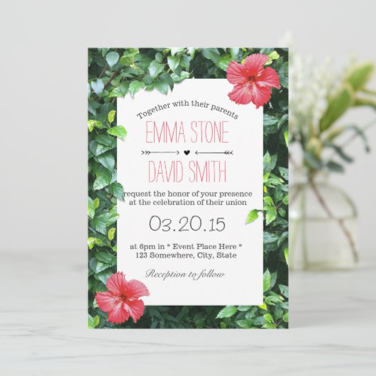 Invitation Fleurs d'Hibiscus rouge tropical Mariage hawaïen (Debout devant)