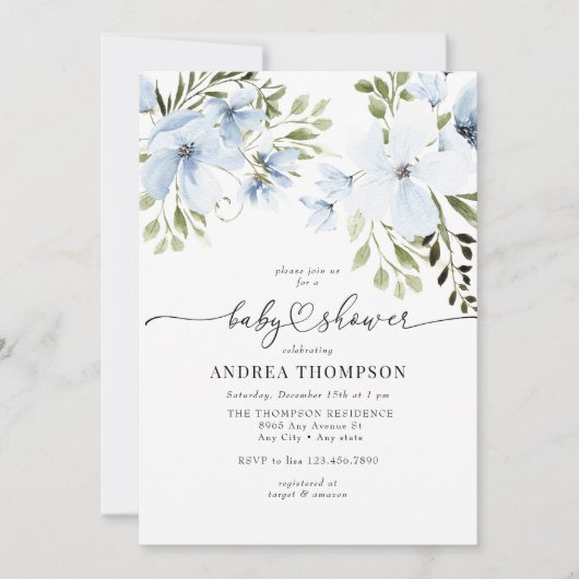 Invitation Fleurs d'hiver | Baby shower bleu (Devant)