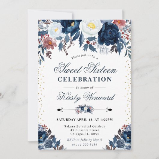 Invitation Fleurs d'hiver bleues et blanches Sweet sixteen (Devant)