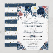 Invitation Fleurs d'hiver bleues et blanches Sweet sixteen (Devant / Derrière)