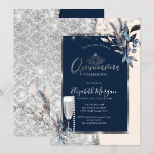 Invitation Fleurs d'hiver, Prosecco Bleu Nuit Quinceanera