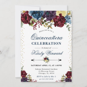 Invitation Fleurs d'hiver rouges et bleu marine pour Quinceañ