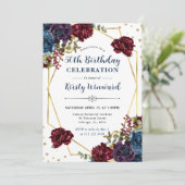 Invitation Fleurs d'hiver rouges et bleues Cadre 50e annivers (Debout devant)