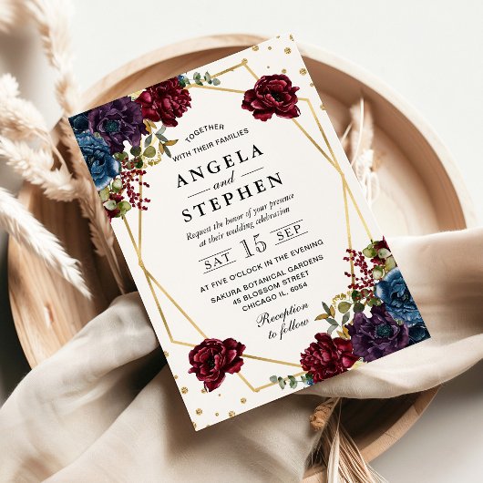 Invitation Fleurs d'hiver rouges et bleues Mariage de cadre d