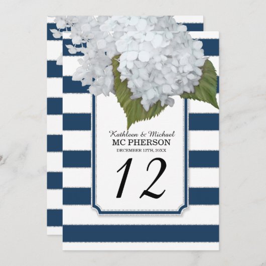 Invitation Fleurs d'hortensia blanches rayures larges navy (Devant / Derrière)