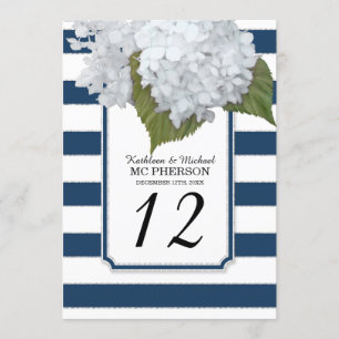 Invitation Fleurs d'hortensia blanches rayures larges navy