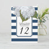 Invitation Fleurs d'hortensia blancs rayures larges navy (Debout devant)