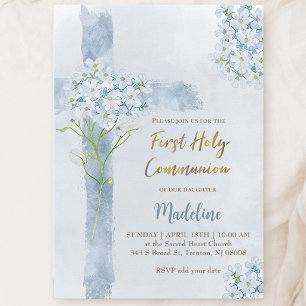 Invitation fleurs d'hortensia bleues croix Première Communion