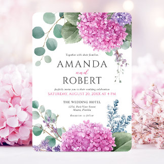 Invitation Fleurs d'hortensia rose aquarelle mariage élégant