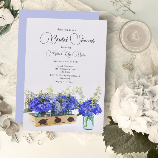 Invitation Fleurs d'Hydrange Bleue Boîte Vintage Éventail de