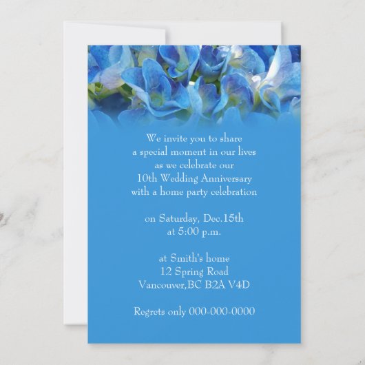 Invitation fleurs d'hydrange bleue fraîche anniversaire de ma (Dos)