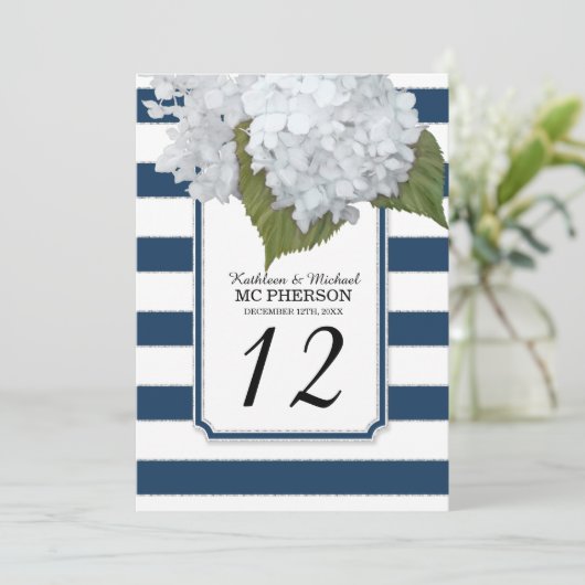 Invitation Fleurs d'hydrangea blanches rayures larges navy (Debout devant)