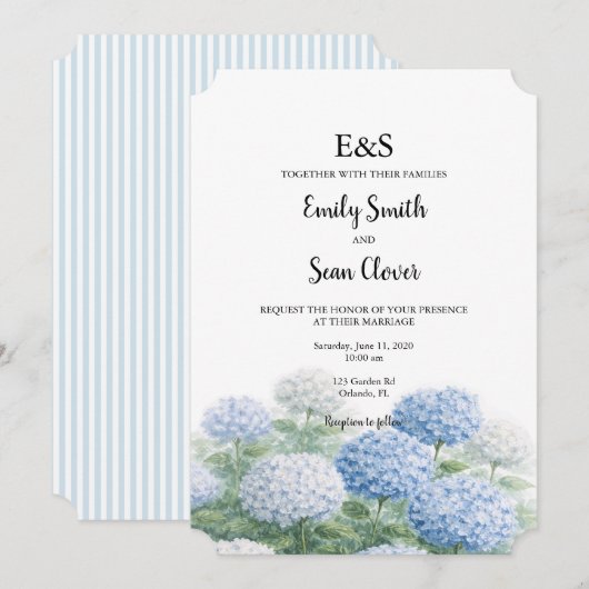 Invitation Fleurs d'Hydrangea Bleu Jardin Mariage Monogramme (Devant / Derrière)