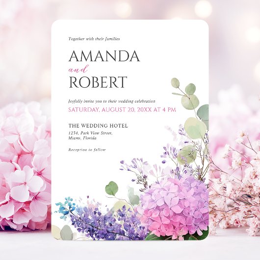 Invitation Fleurs d'hydrangea rose aquarelle Mariage élégant