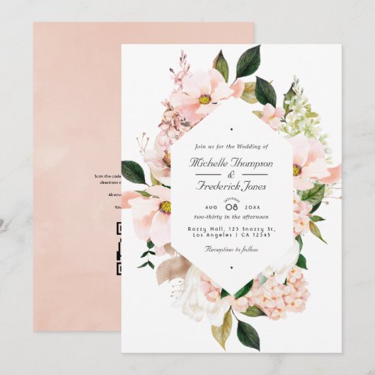 Invitation Fleurs d'hydrangea rose poudré Code QR RSVP Mariag (Devant / Derrière)