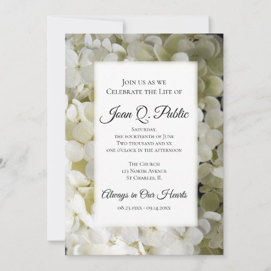 Invitation Fleurs d'Hydrangée Blanche Célébration de la vie (Devant)