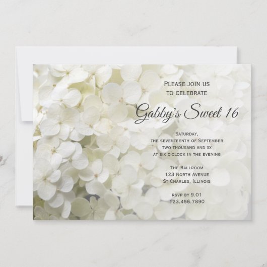 Invitation Fleurs d'Hydrangée Blanche Douce 16 Anniversaire (Devant)
