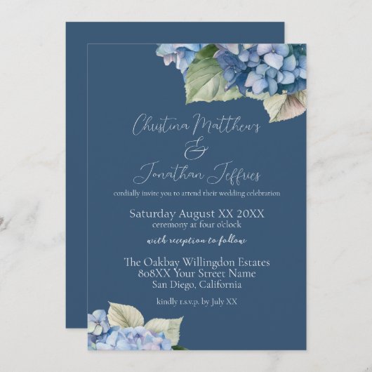 Invitation Fleurs d'hydrangée bleu romantique sur la marine (Devant / Derrière)