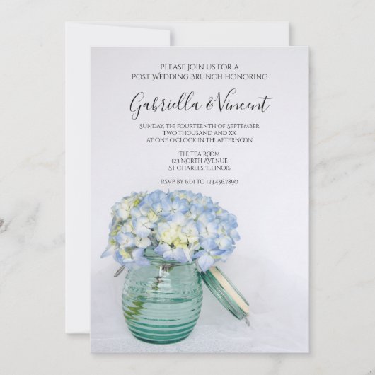 Invitation Fleurs d'Hydrangée bleue dans Jar Post Mariage Bru (Devant)